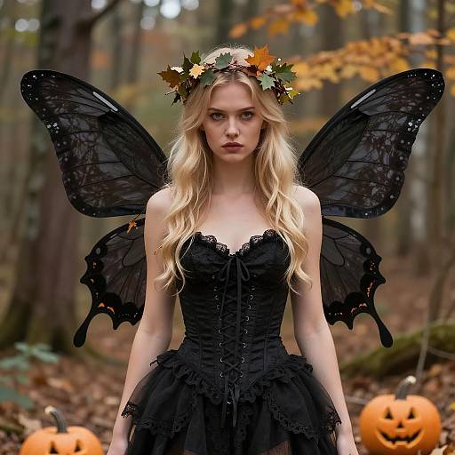 Dark Fairy Woman in Halloween Costume with Black Butterfly Wings and Autumn Leaves Crown