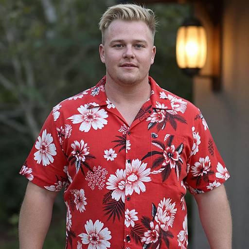 Man Wearing Red Floral Hawaiian Shirt Outdoors