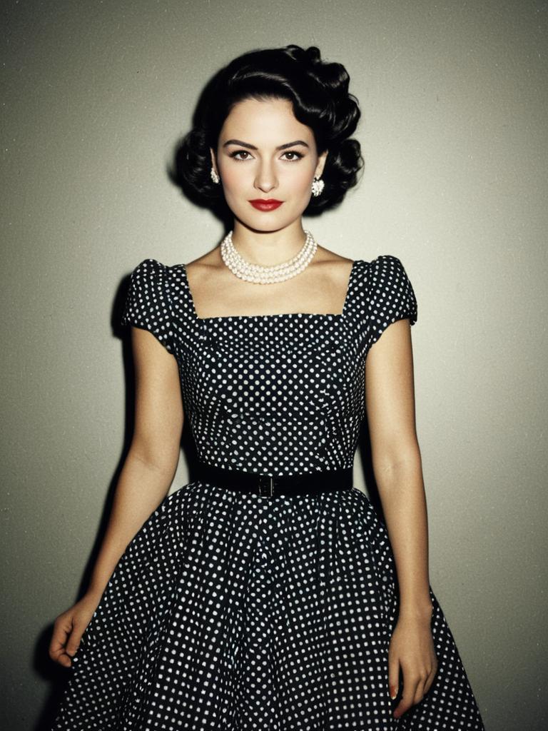 Woman in Retro Polka Dot Party Dress Vintage 1950s Style Studio Portrait