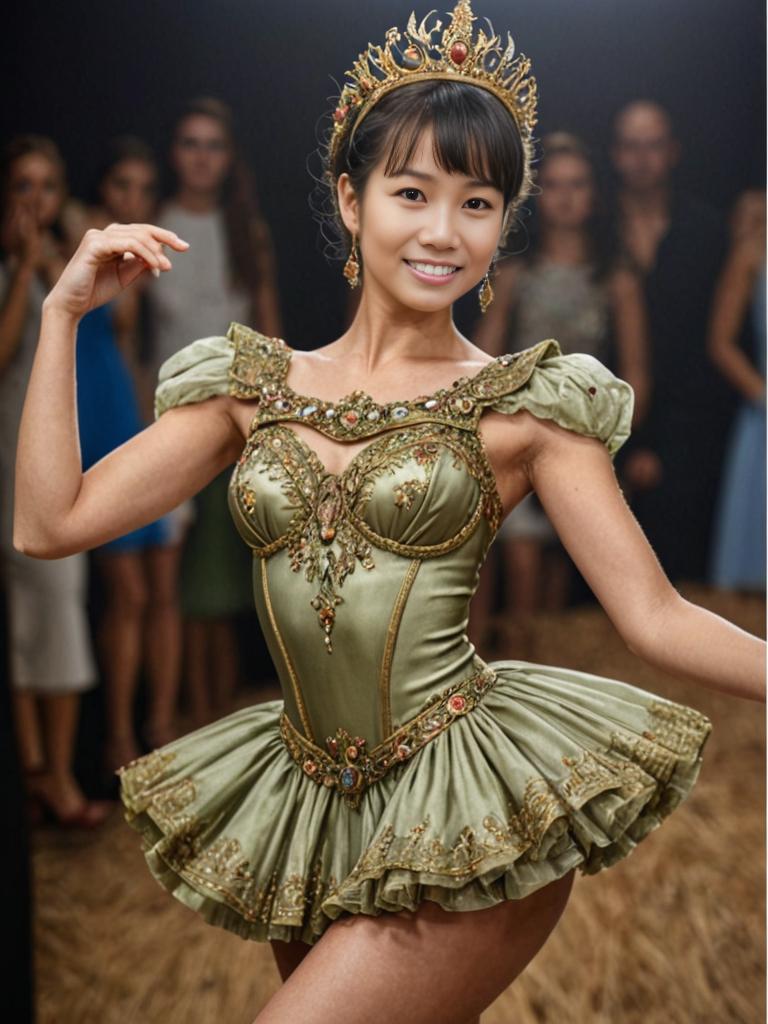 Cheerful woman in green and gold dress with tiara