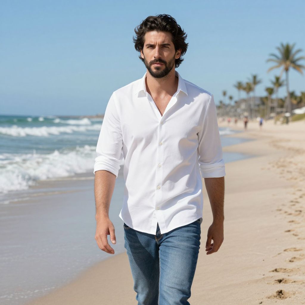 Man in White Shirt Walking on Sunny Beach with Palm Trees