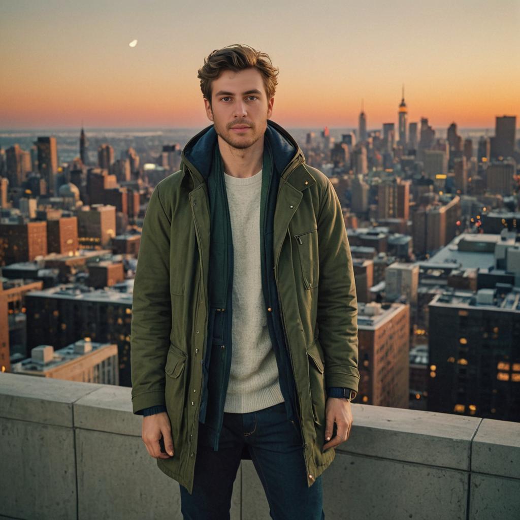 Man on Vantage Point with City Skyline at Sunset