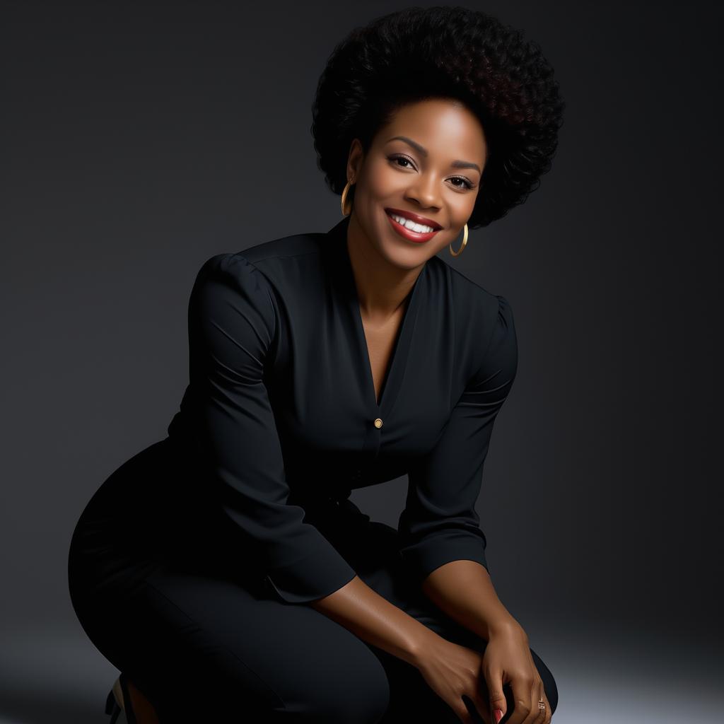 Confident Woman with Afro in Elegant Black Outfit