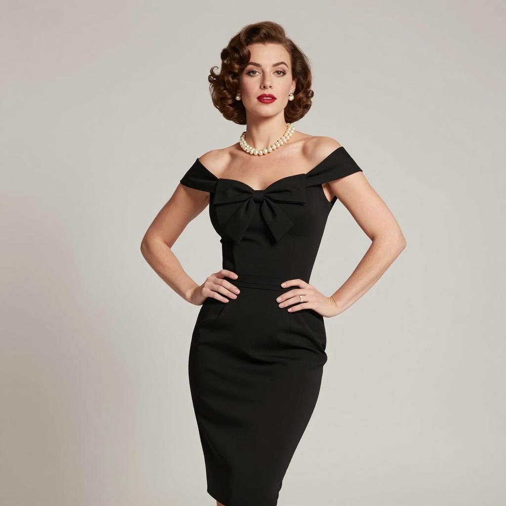 Elegant Woman in Vintage Black Off-Shoulder Dress with Bow