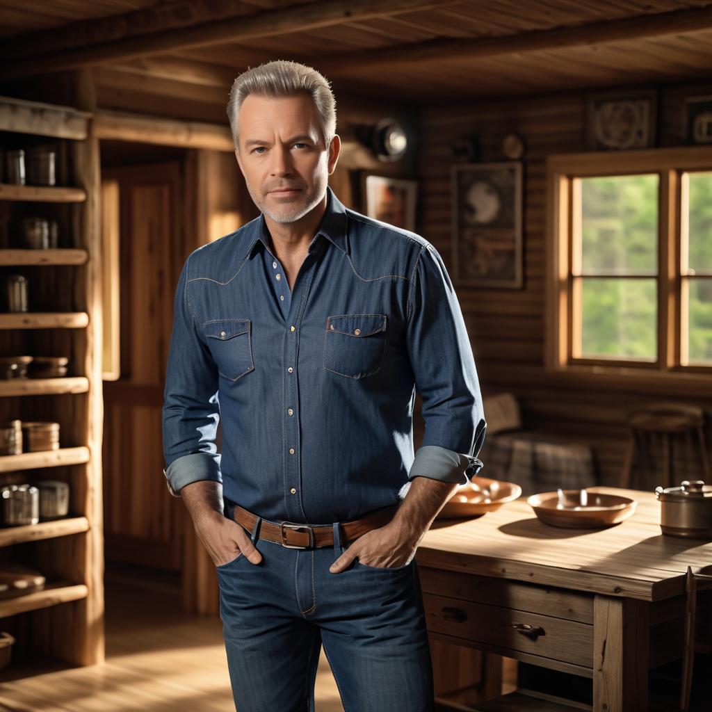 Confident Man in Rustic Cabin