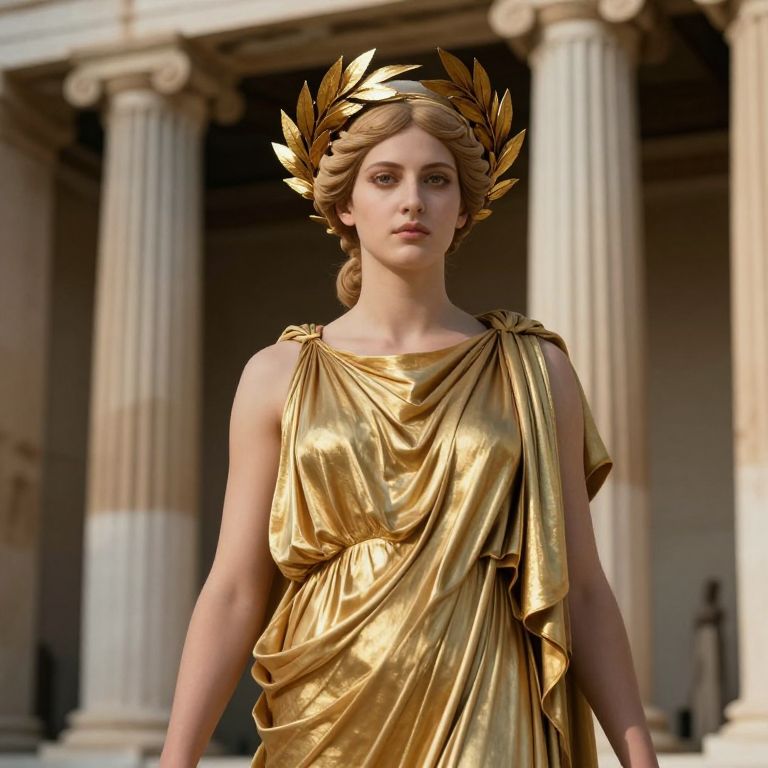 Woman in Golden Grecian Gown with Laurel Wreath by Classical Columns
