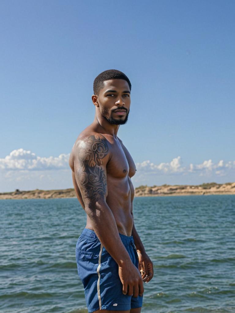 Man in Navy Blue Swim Shorts by Water