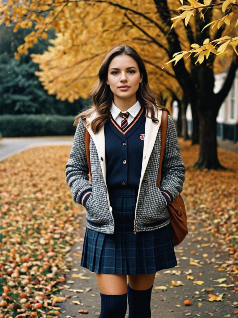 Woman in Preppy Fall Outfit Photorealistic Outdoor Fashion Portrait