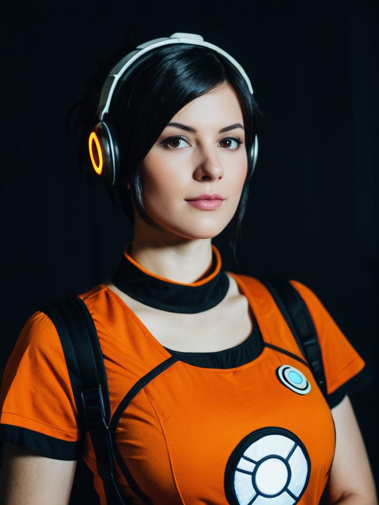 Realistic Woman Cosplay Wearing Chell Costume from Portal Game