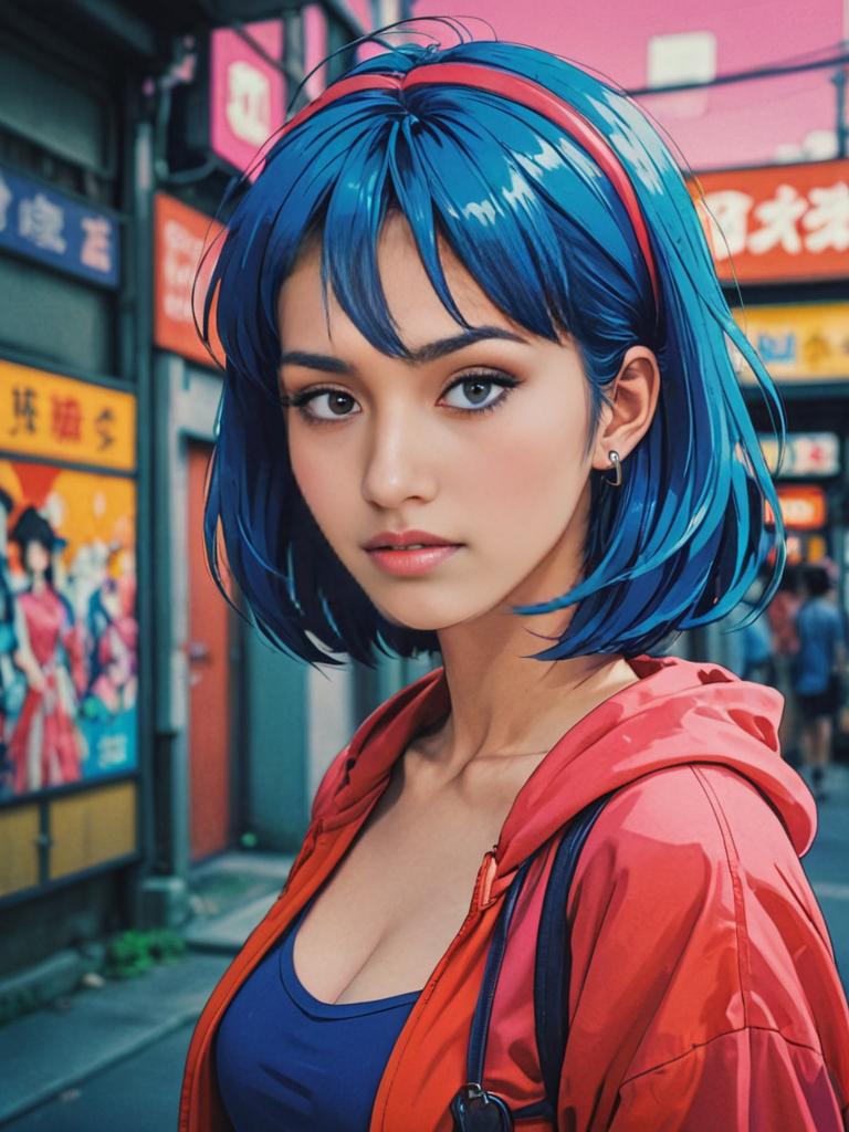 Anime Woman with Blue Hair in Urban Setting