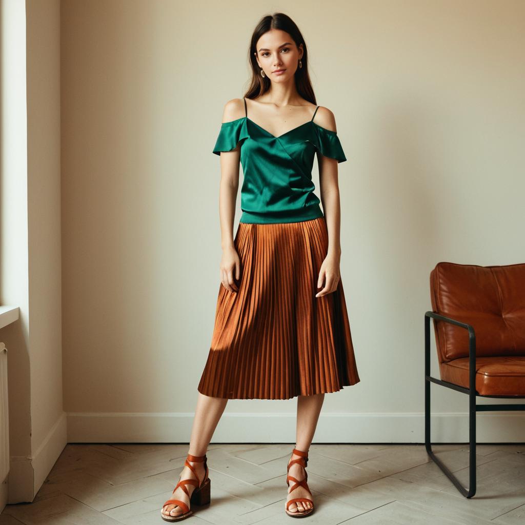 Stylish Woman Wearing Satin Green Top and Pleated Rust Midi Skirt Indoor