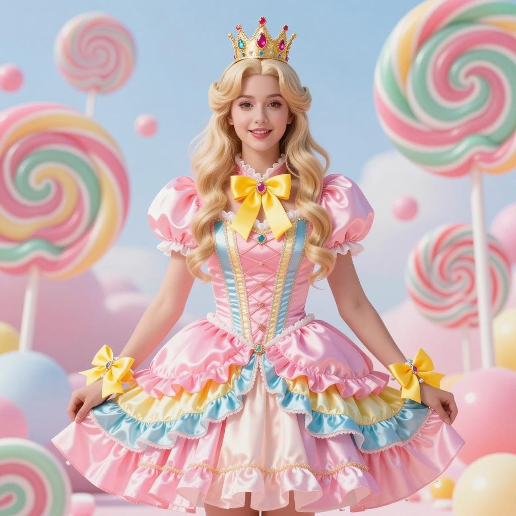 Whimsical Princess in Pastel Candy Land Dress and Crown