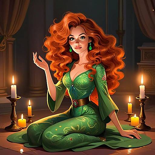 Elegant Red-Haired Woman in Green Dress Sitting Among Candles Fantasy Illustration