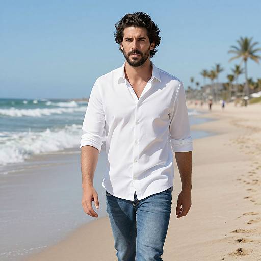 Man in White Shirt Walking on Sunny Beach with Palm Trees