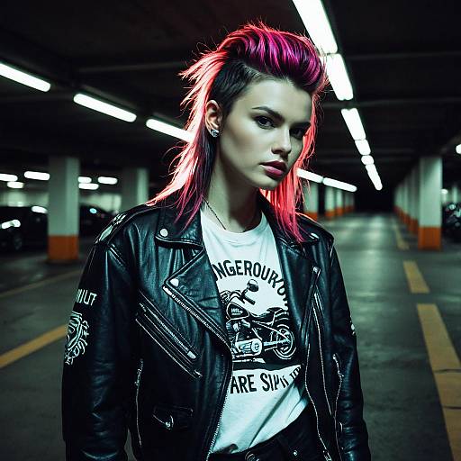 Edgy Woman with Pink Mohawk in Leather Jacket in Parking Garage