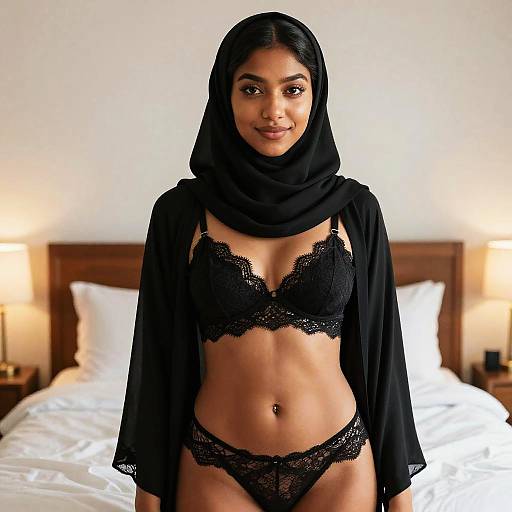 Young Woman in Black Hijab and Lace Lingerie in Bedroom