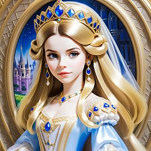 Regal Woman in Fantasy Attire with Castle Background