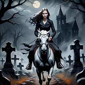 Determined Woman on White Horse in Foggy Graveyard
