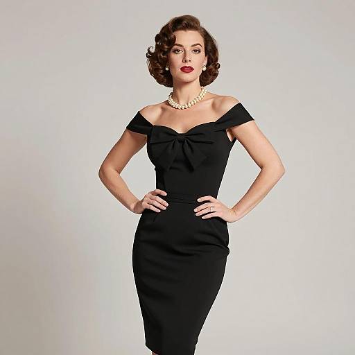 Elegant Woman in Vintage Black Off-Shoulder Dress with Bow