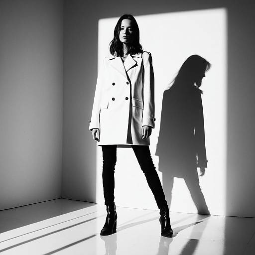 Stylish Woman in White Coat Black and White Fashion Portrait