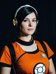 Realistic Woman Cosplay Wearing Chell Costume from Portal Game
