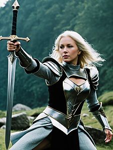 Woman in Excalibur Knight Armor Costume Holding Sword Outdoors