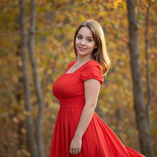 Young Woman in Red Dress in Autumn Forest
