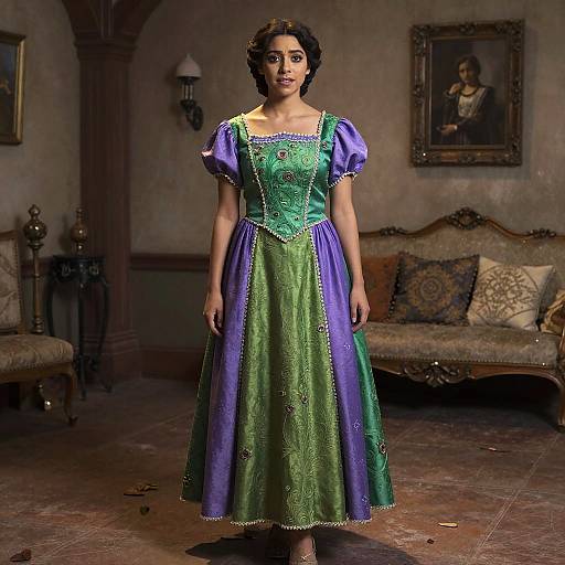 Woman Wearing Luisa Madrigal Inspired Green and Purple Dress from Encanto