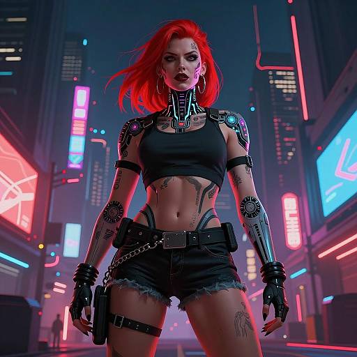 Cyberpunk Gen Z Woman with Red Hair and Cybernetic Enhancements in Futuristic City