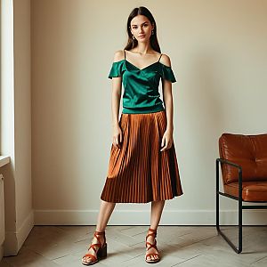 Stylish Woman Wearing Satin Green Top and Pleated Rust Midi Skirt Indoor