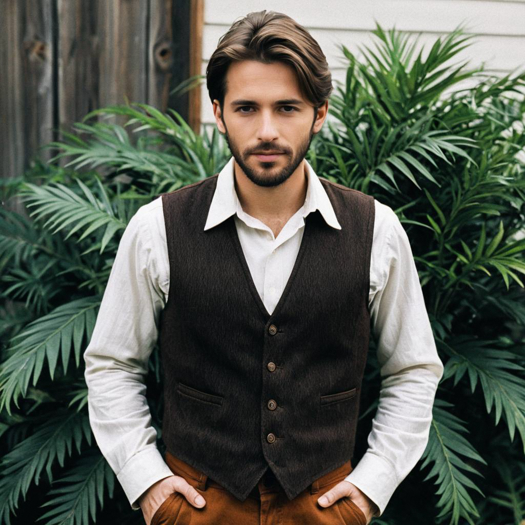 Confident Man in Vintage Vest Among Greenery Confident Man in Vintage Vest Among Greenery