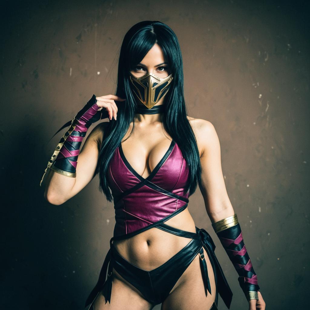 Woman in Fantasy Combat Costume Wearing Metallic Mask