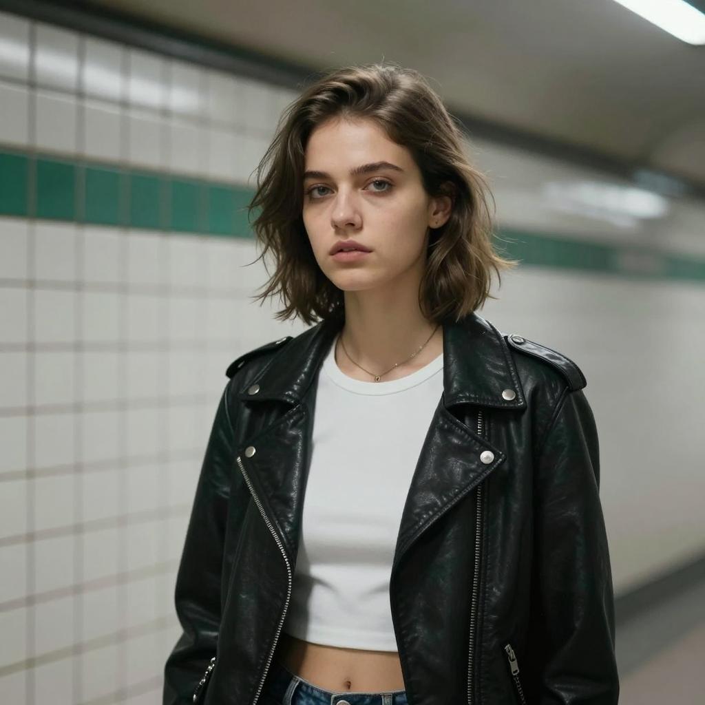Gen Z Woman in Black Leather Jacket Urban Subway Fashion