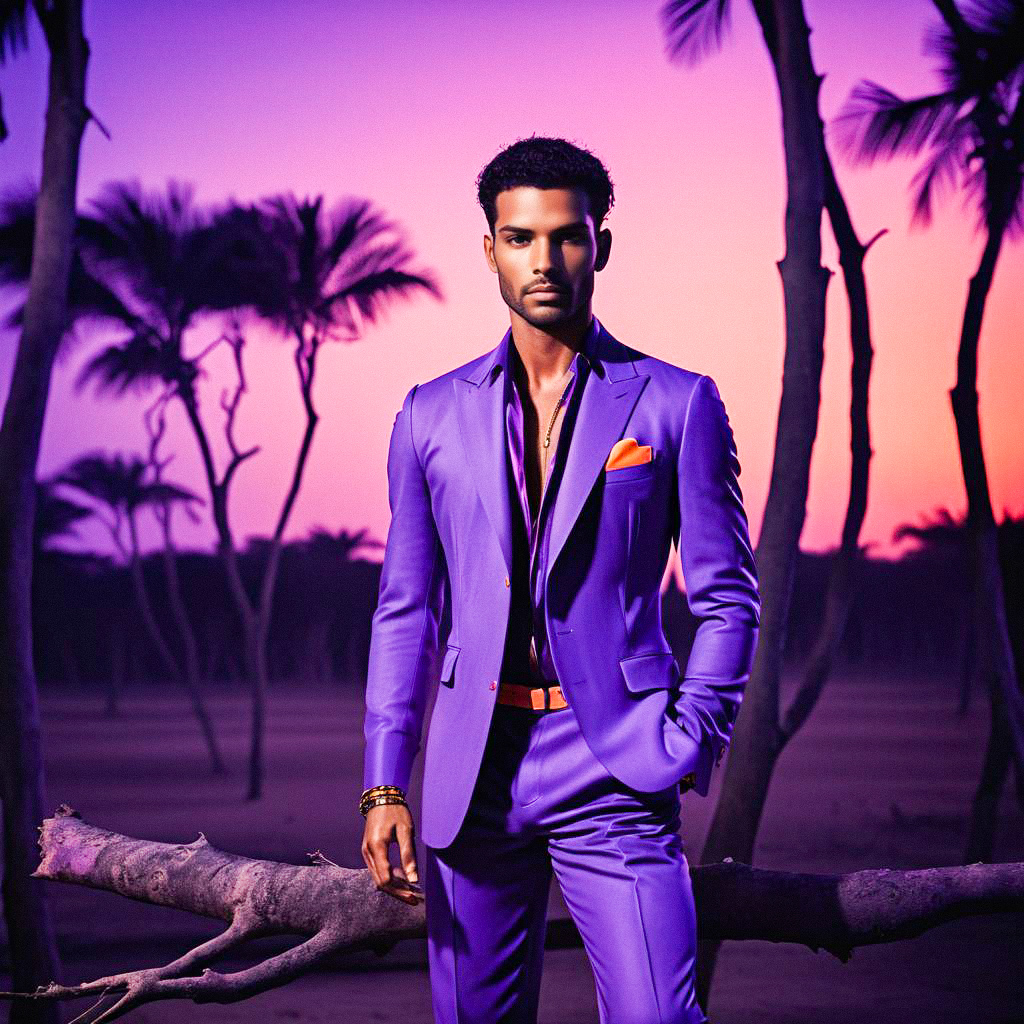 Confident Man in Purple Suit at Sunset