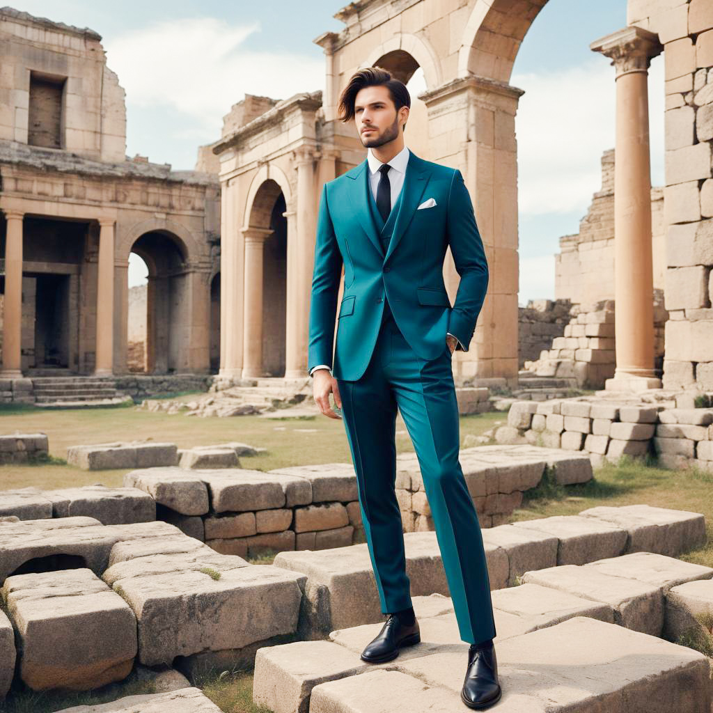 Man in Teal Suit Among Ancient Ruins