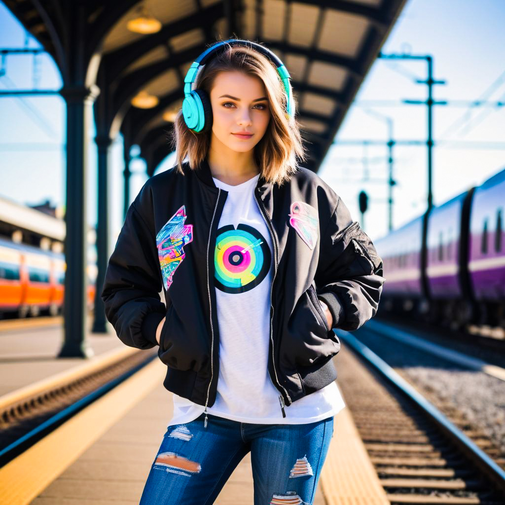 Stylish Young Woman in Bomber Jacket at Train Station