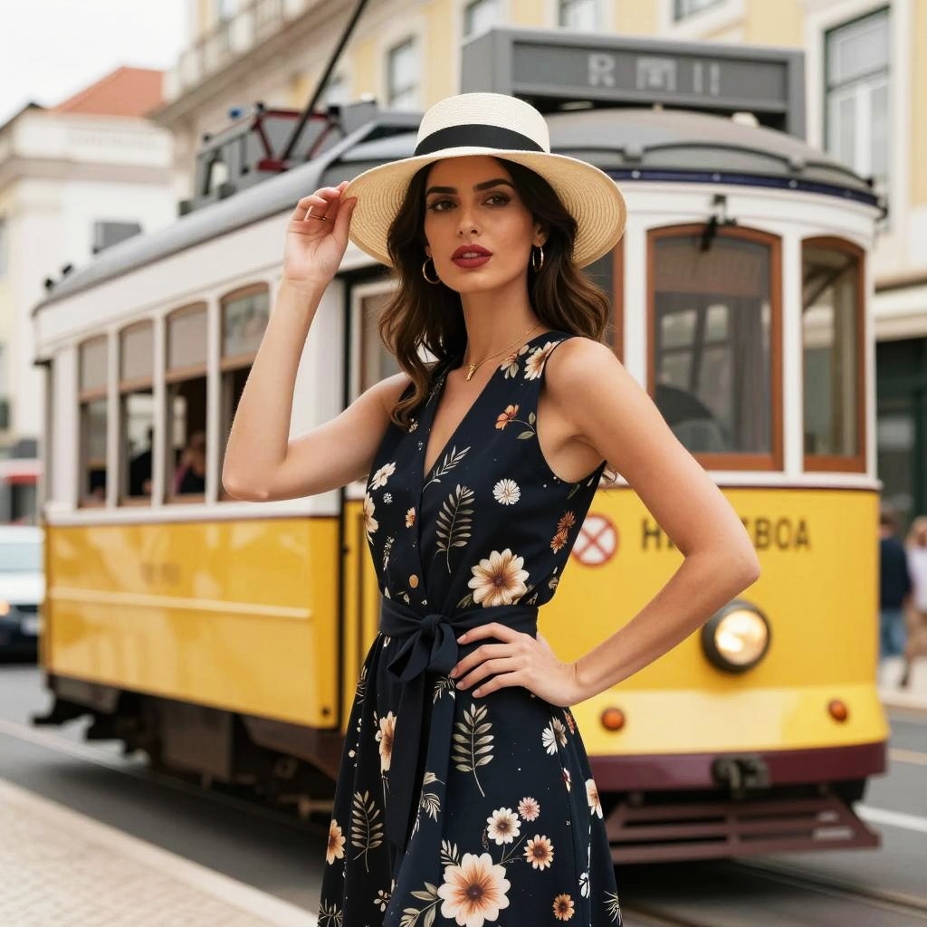 Fashionable Woman in Floral Dress by Vintage Yellow Tram