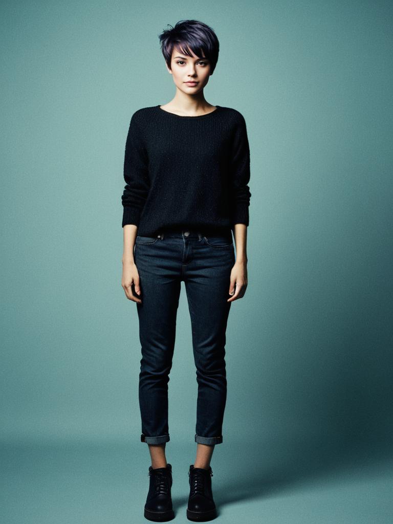 Fashionable Woman with Pixie Haircut in Casual Black Outfit Full Body Editorial Photo
