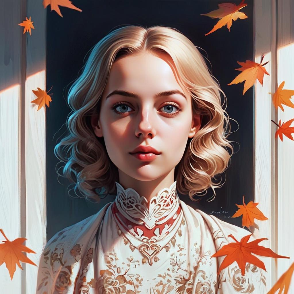 Digital Portrait of Woman with Blonde Hair and Autumn Leaves