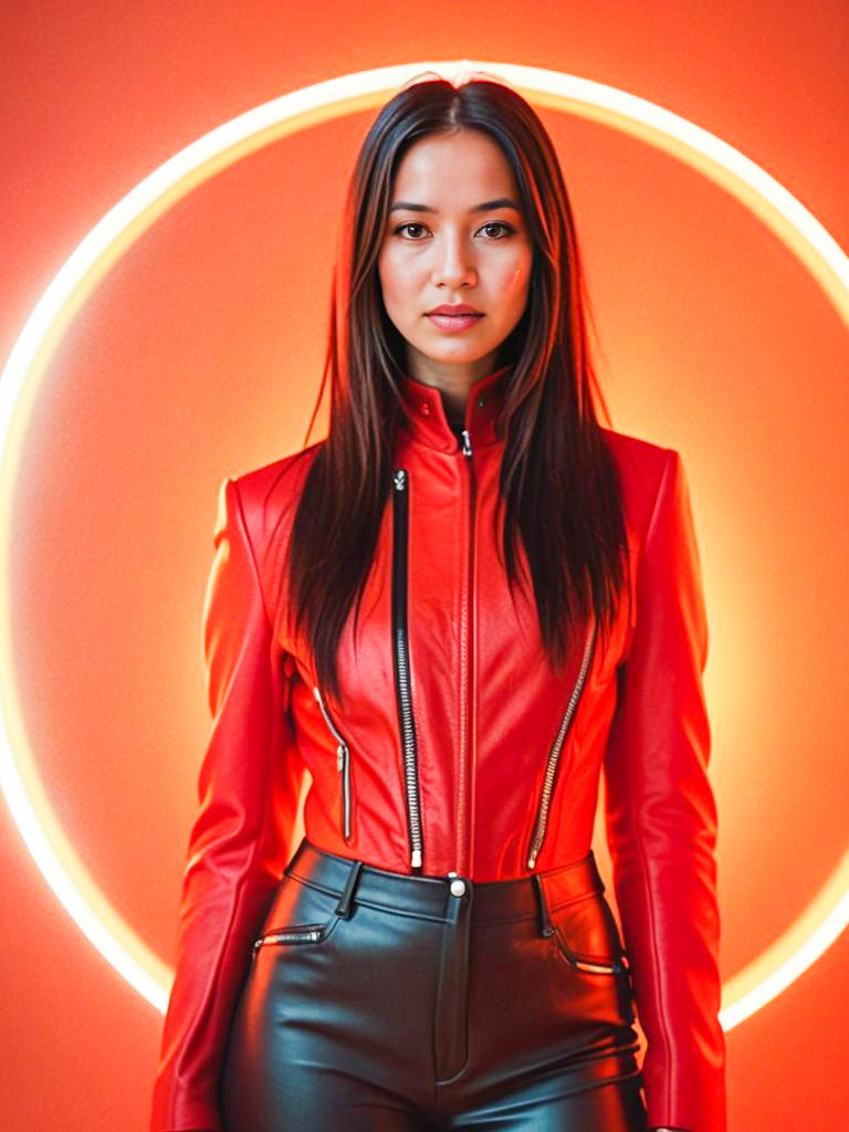 Confident Woman in Red Leather Jacket