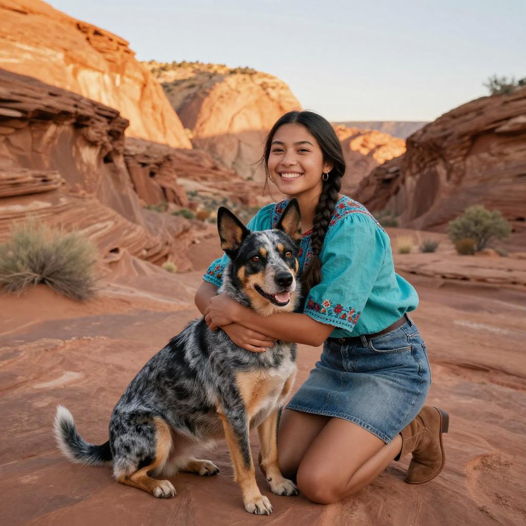 Young Woman with Australian Cattle Dog in Desert Canyon