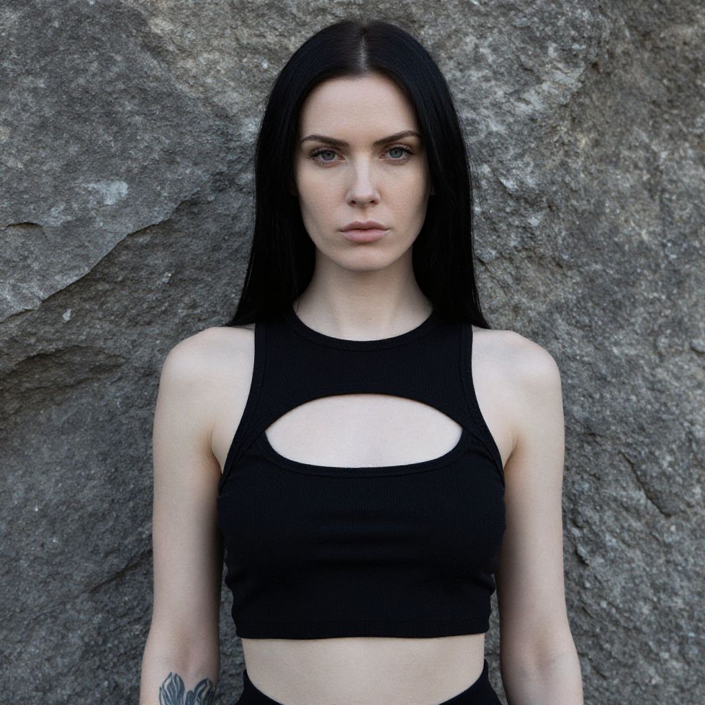 Confident Woman in Black Crop Top Against Rock Wall