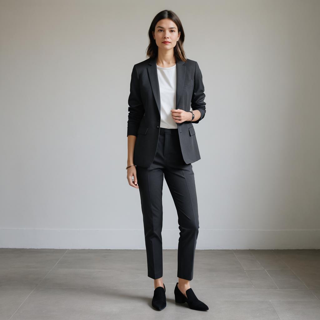 Confident Woman in Modern Black Pantsuit in Minimalist Studio
