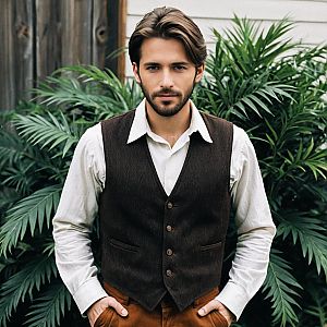 Confident Man in Vintage Vest Among Greenery