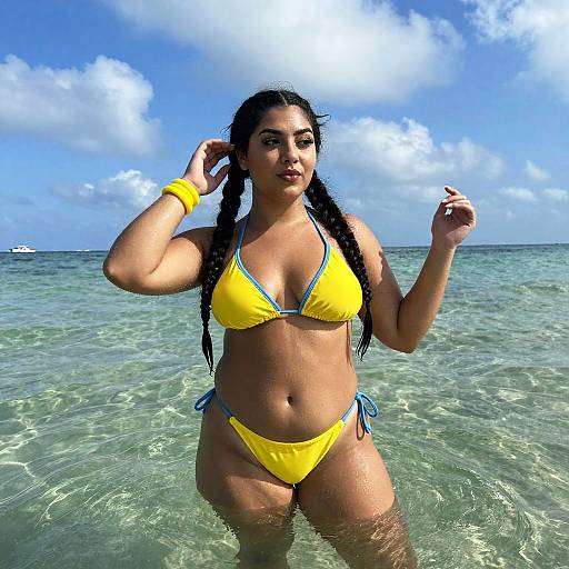 Woman in Yellow Bikini Posing in Clear Ocean Water