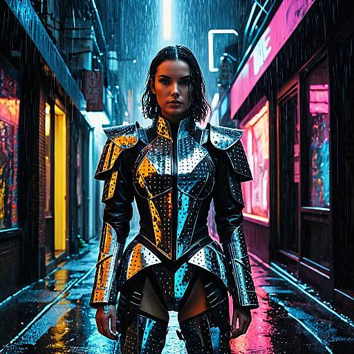 Cyberpunk Woman in Metallic Armor in Neon-Lit Rainy Alley