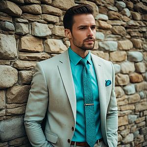 Stylish Man in Beige Suit with Turquoise Shirt