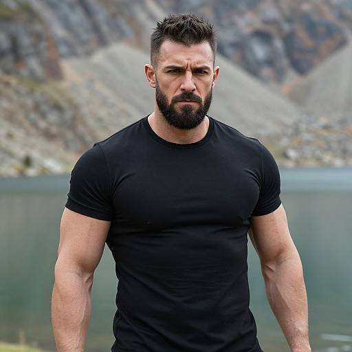 Muscular Bearded Man in Black T-Shirt by Mountain Lake