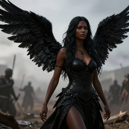 Dark Angel Woman with Black Wings in Gothic Fantasy Battle Scene