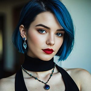 Portrait of a Woman with Blue Hair and Bold Accessories